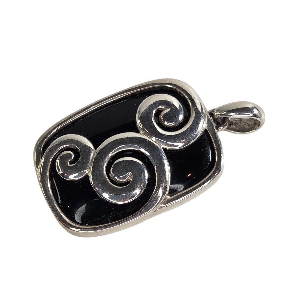 A925 Sterling Silver Black Stone Swirl Pendant ‎ 1.45" x .8" 8.7g